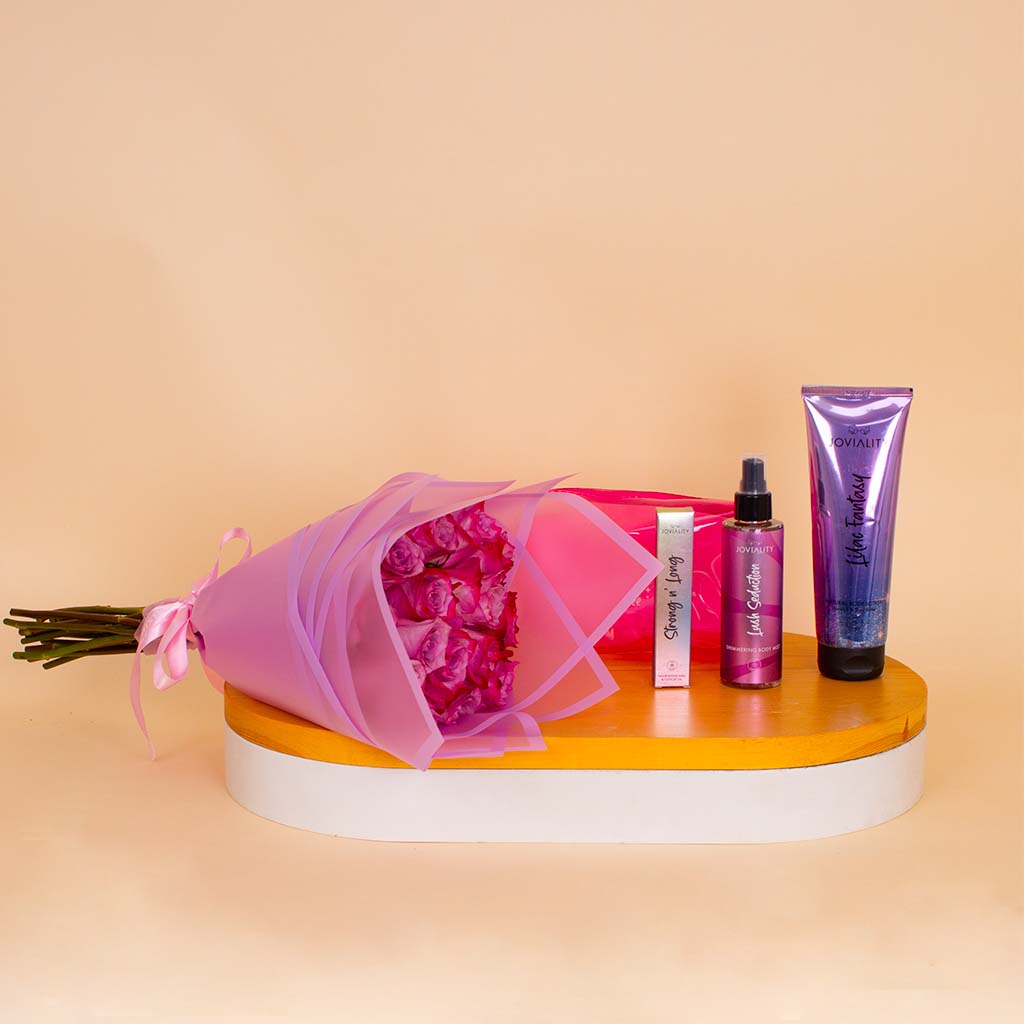 product-image-Joviality Pink Glow Set & Pink Roses Bouquet