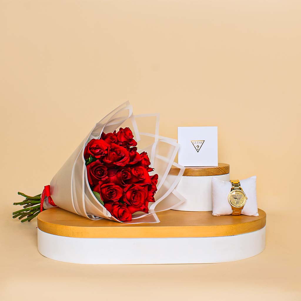 product-image-Guess Analoge Watch Armbanduhren in Gold GUGW0605L2 | 15 Red Rose Bouquet
