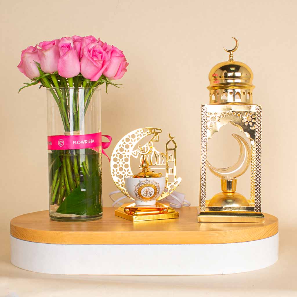 Flowrista Online Flowers Shop Noor Ramadan Set And Pink 15 Rose Vase