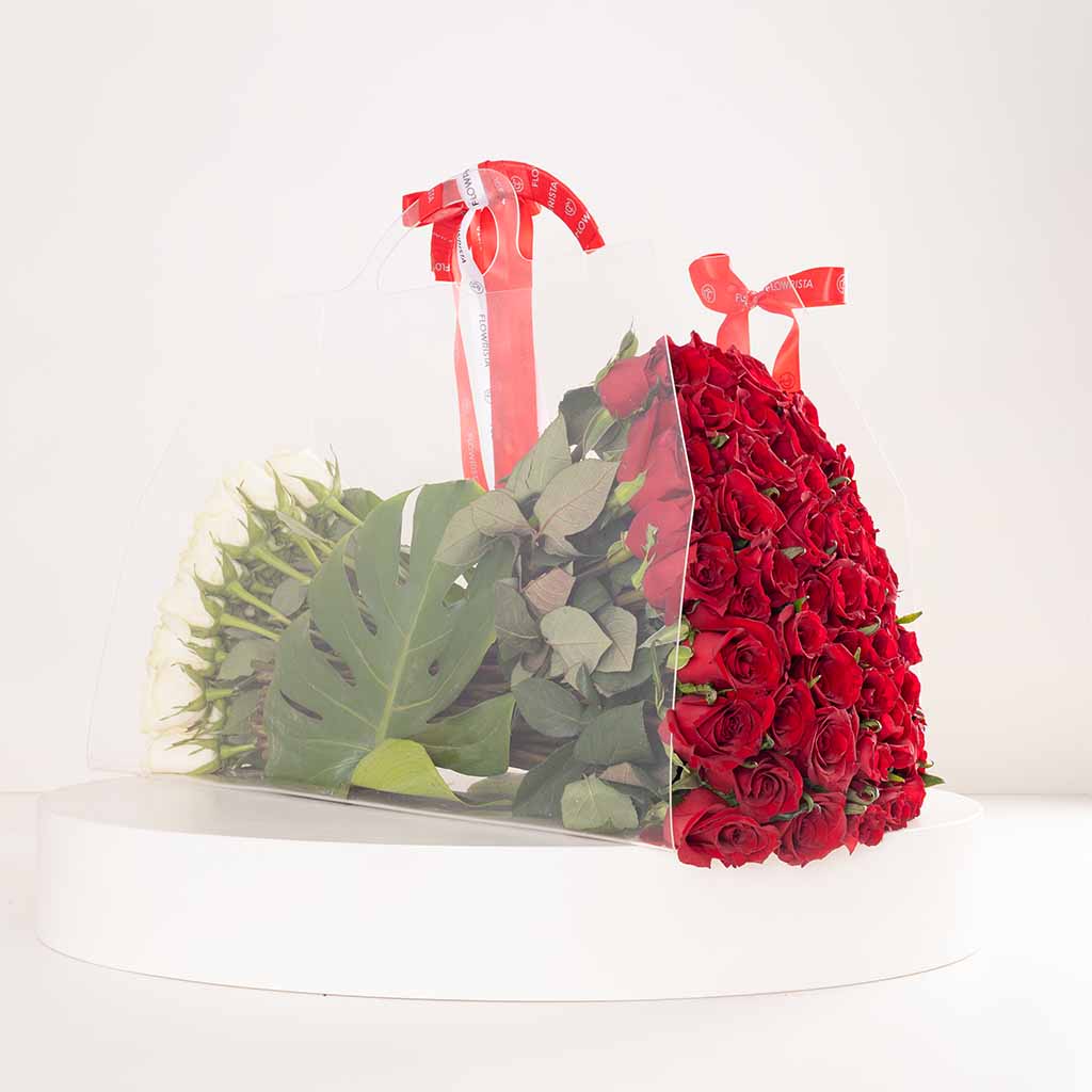 product-image-Flowrista Red & White Roses Acrylic Bag - 100 Stems