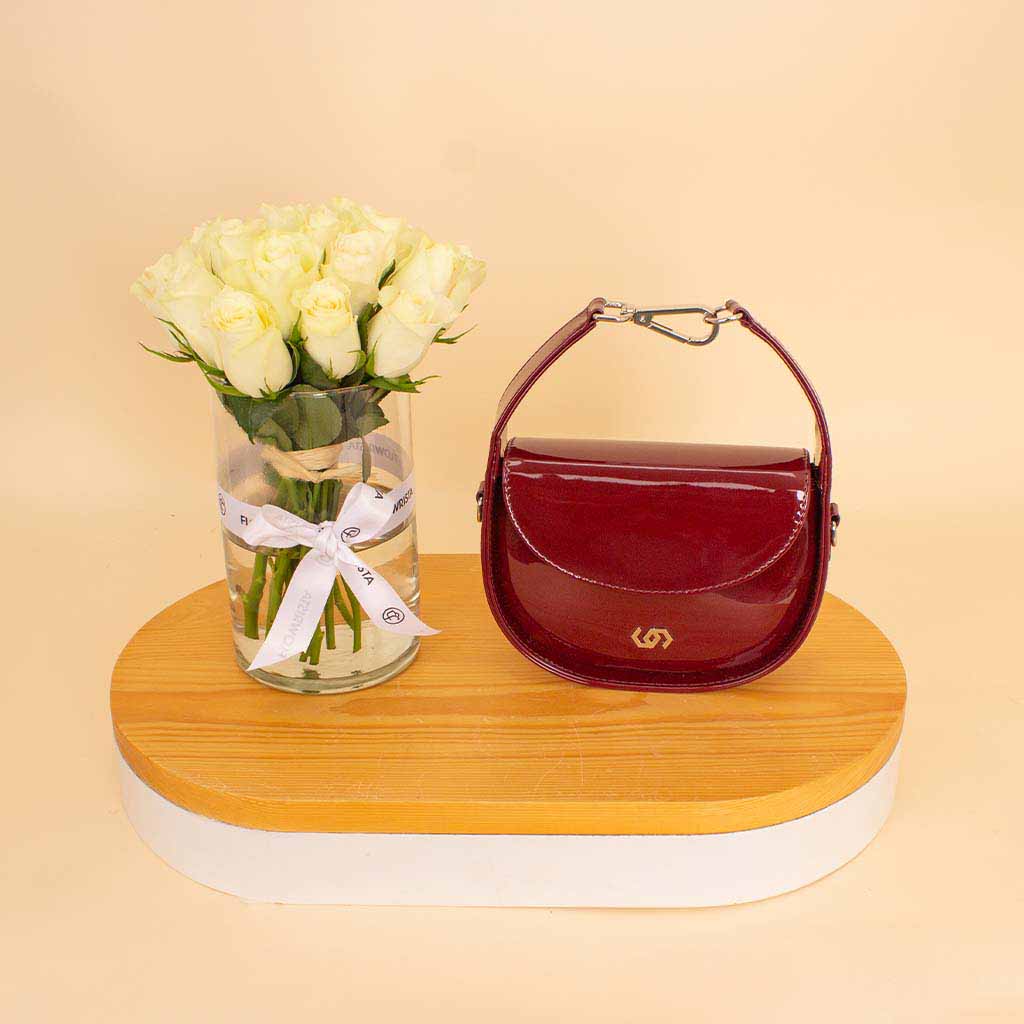 product-image-Cocan Half-Moon Bag Burgundy & White Roses Vase