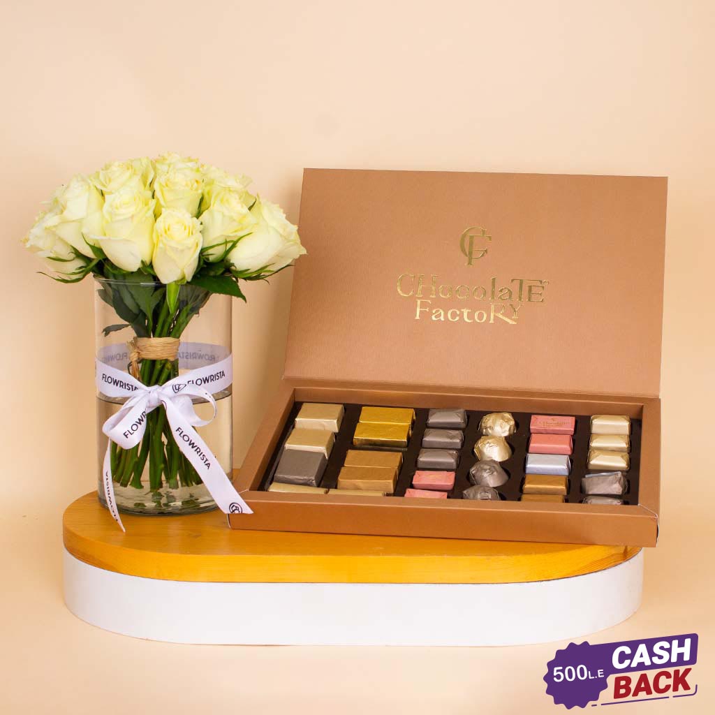 product-image-Chocolate Factory Luxe Box – 28 Pieces & White Roses Vase