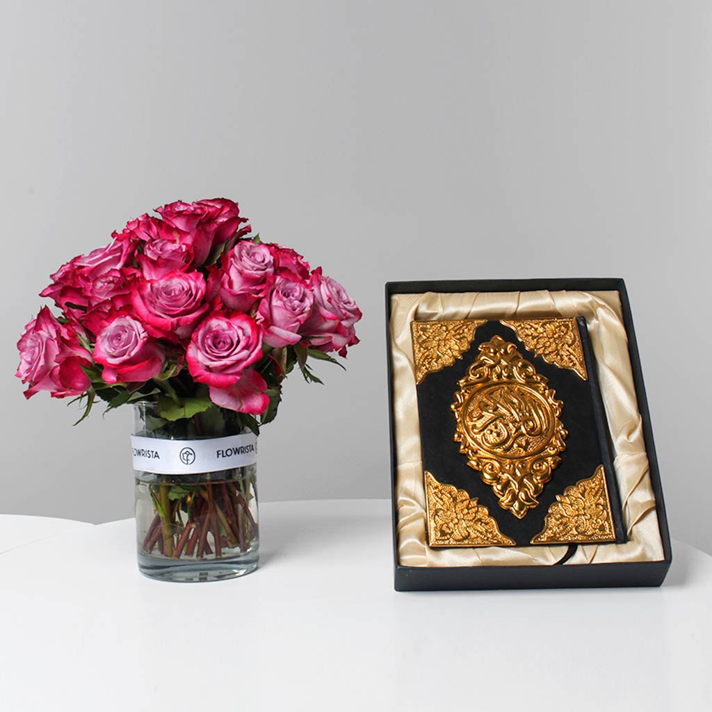 Flowrista Online Flowers Shop Ramadan Gift Set: Pink Roses Vase with Quran