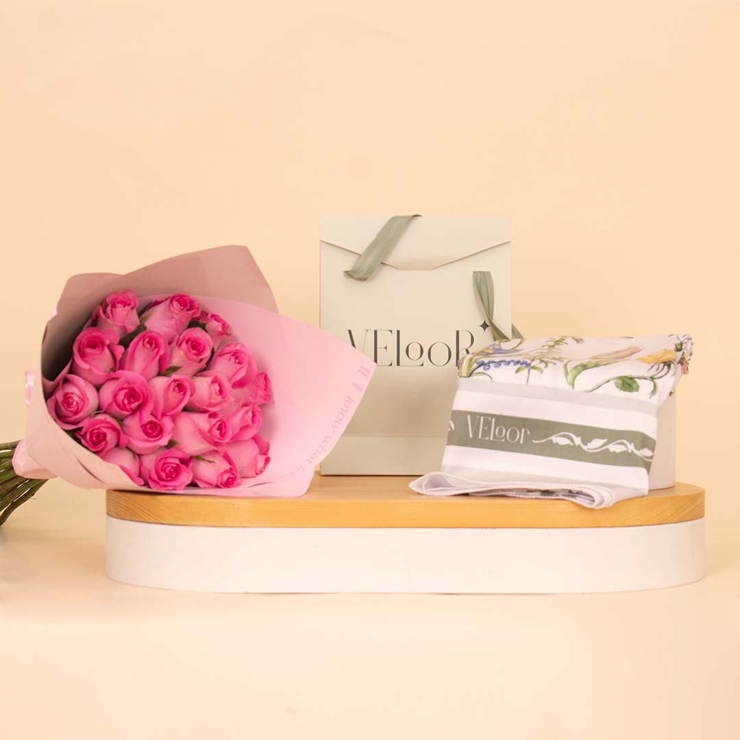 product-image-سكارف Flora مع بوكيه ورد 20 وردة وردية
