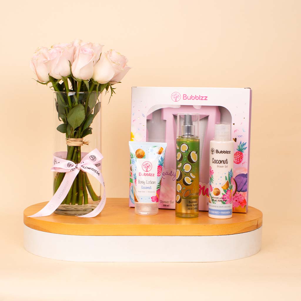 product-image-Bubblzz Glow Gift Set Coconut & Pink Roses Vase