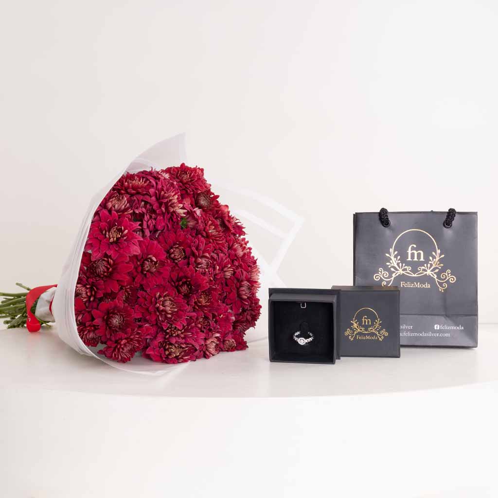 Flowrista Online Flowers Shop خاتم فيليزمودا الفضي المرصع بالزركون وباقة زهور الأقحوان الحمراء
