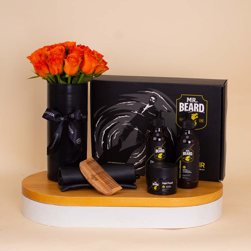 Flowrista Online Flowers Shop Master Beard Hair Care Kit & Orange Roses Vase
