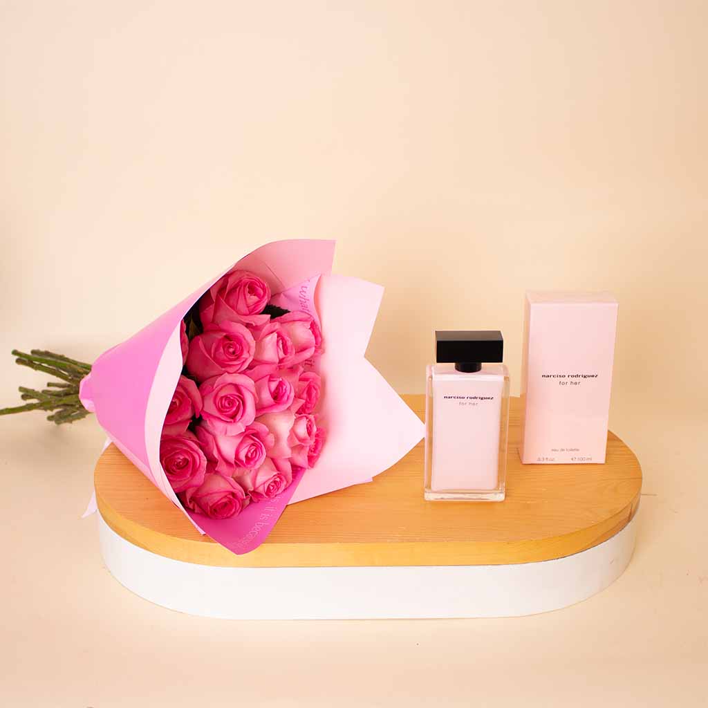 product-image-Narciso Rodriguez Musc Black Elegance Perfume & Pink Roses Hand Bouquet