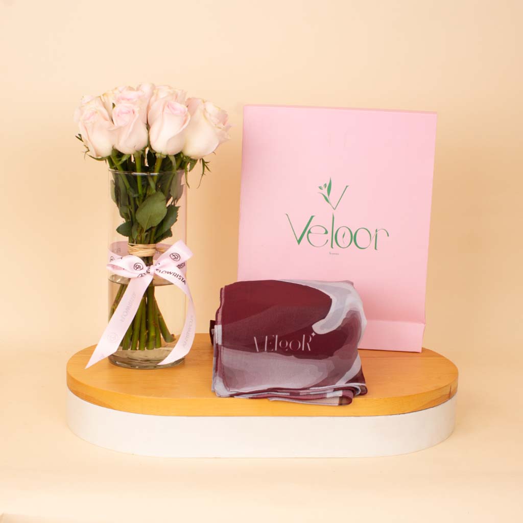 product-image-Veloor Ruby Scarf & Pink Roses Vase