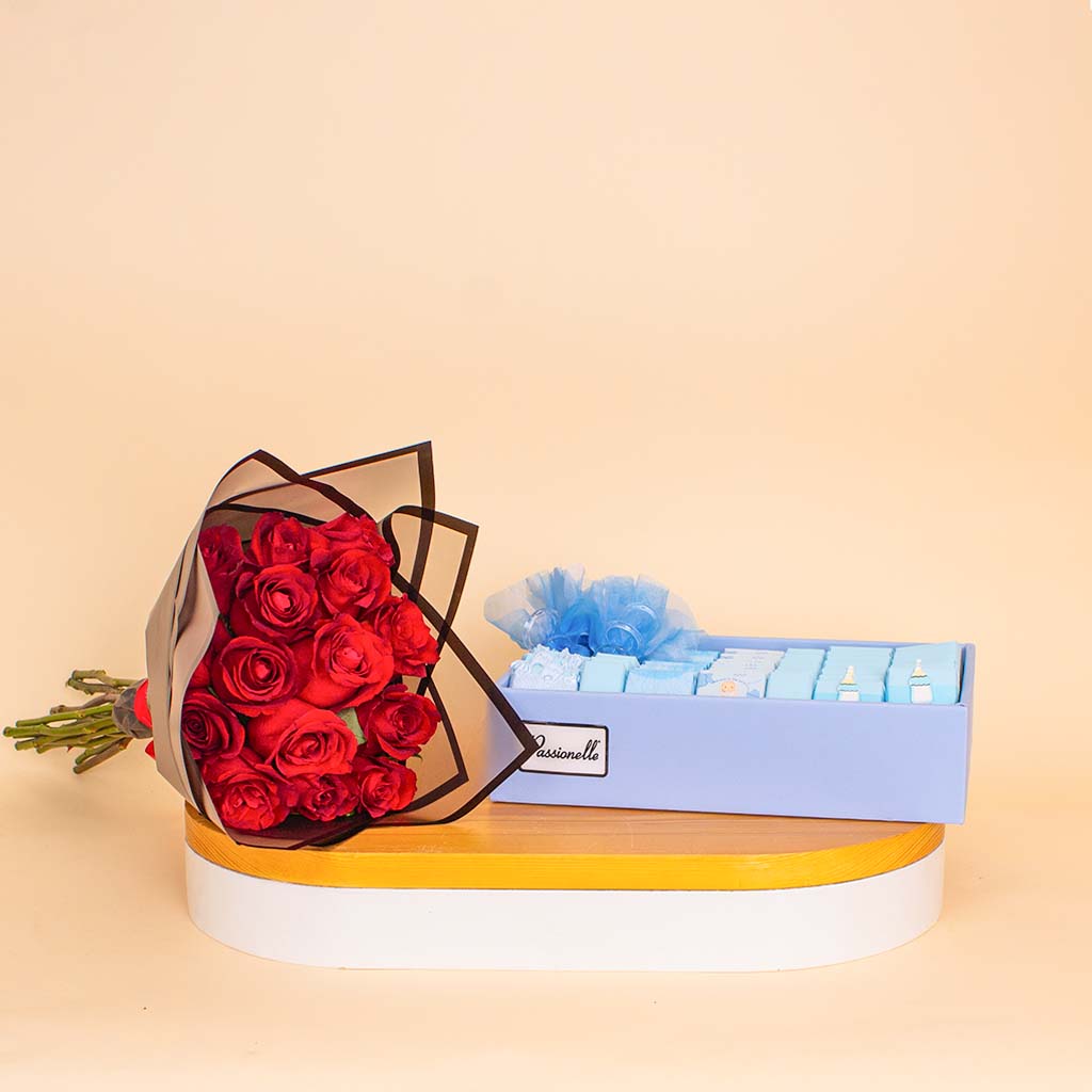 product-image-Passionelle Chocolate Baby Boy 1kg & Red Roses Bouquet