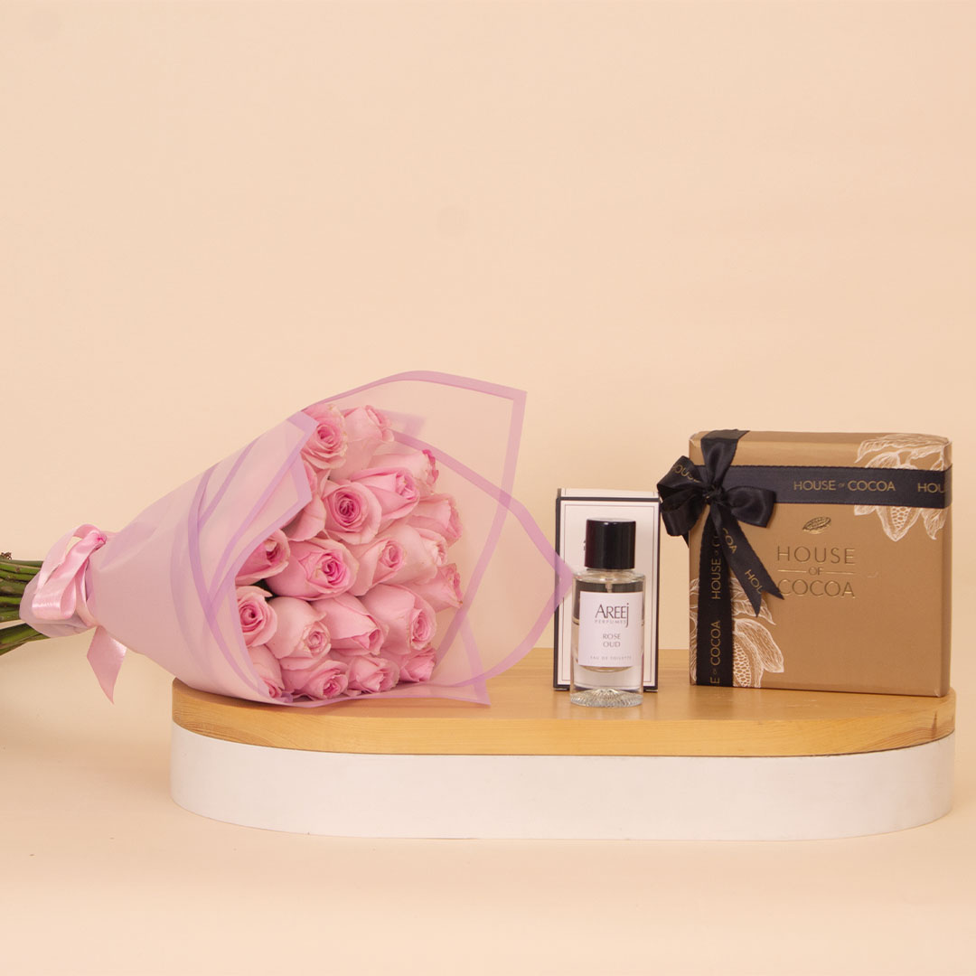 product-image-A Gift of Romance: Rose Oud, Chocolates & 15 Pink Roses