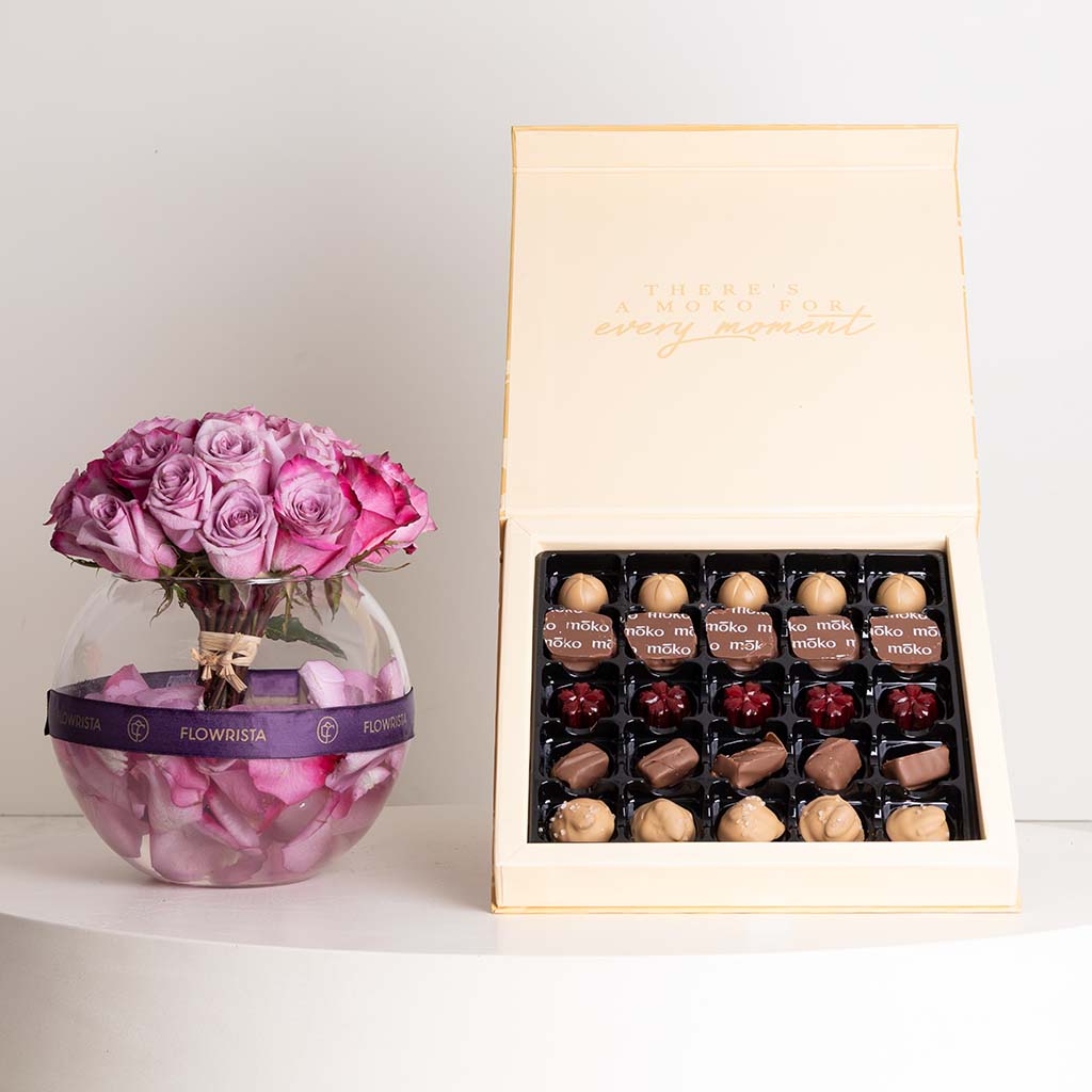 product-image-Moko Gold Collection Chocolates Box & Purple Roses Vase