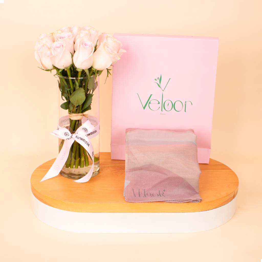 product-image-Veloor Jade Scarf & Pink Roses Vase