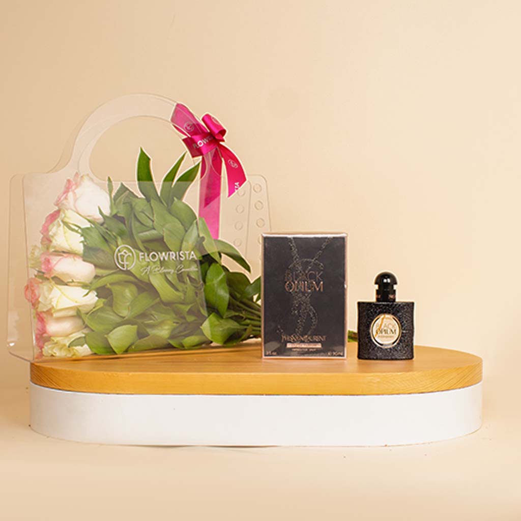 Flowrista Online Flowers Shop Yves Saint Laurent Black Opium | Pink Bag Roses