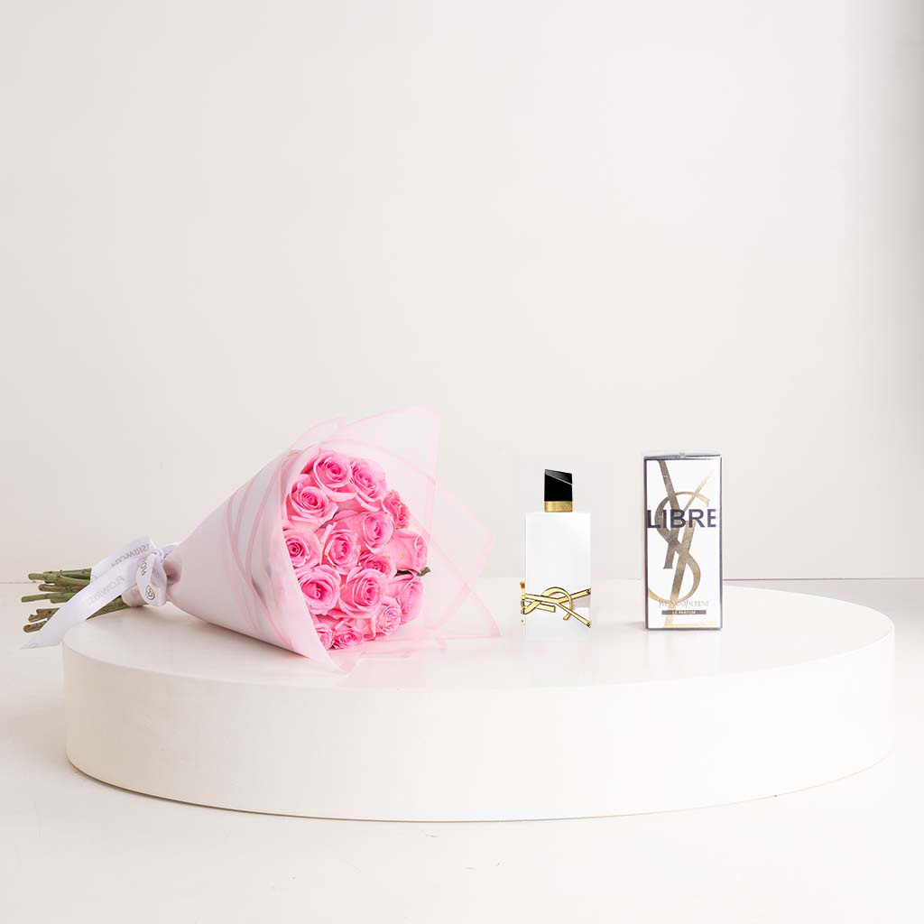 Flowrista Online Flowers Shop YSL Libre L’Eau Nue Eau de Parfum 90ml & 15 Revival Roses Hand Bouquet