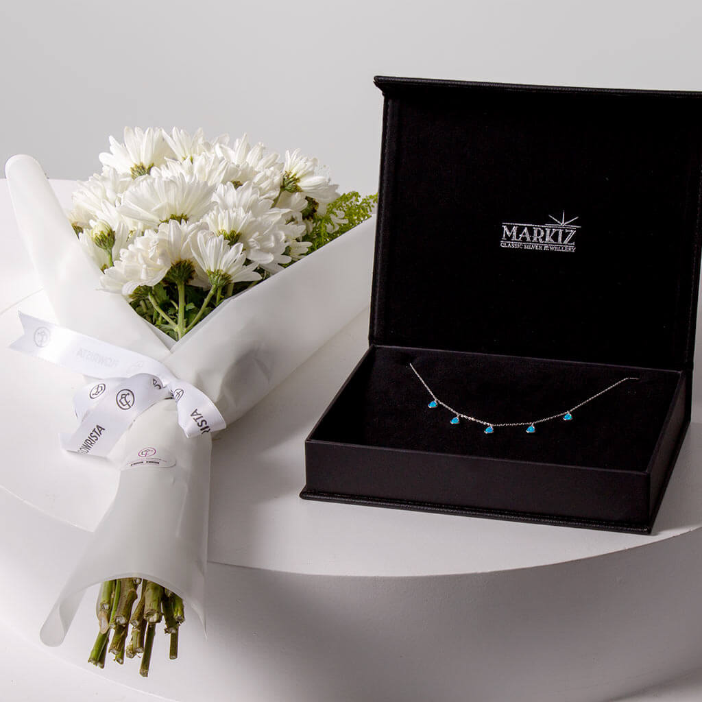 product-image-Markiz Rhodium Opal Necklace & 10 White Chrysanthemum Bouquet