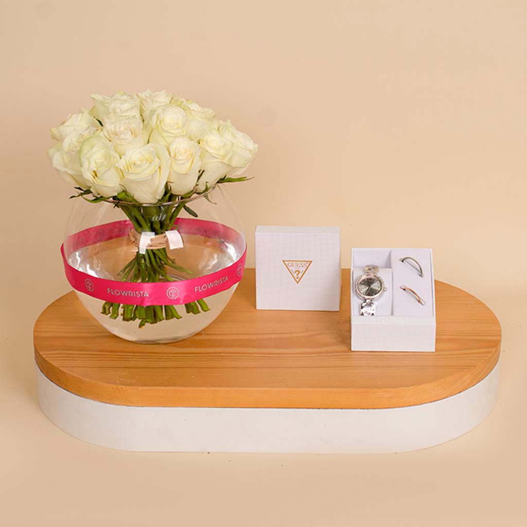 product-image-Guess Stainless Steel Analogue Watch & 20 White Roses Vase