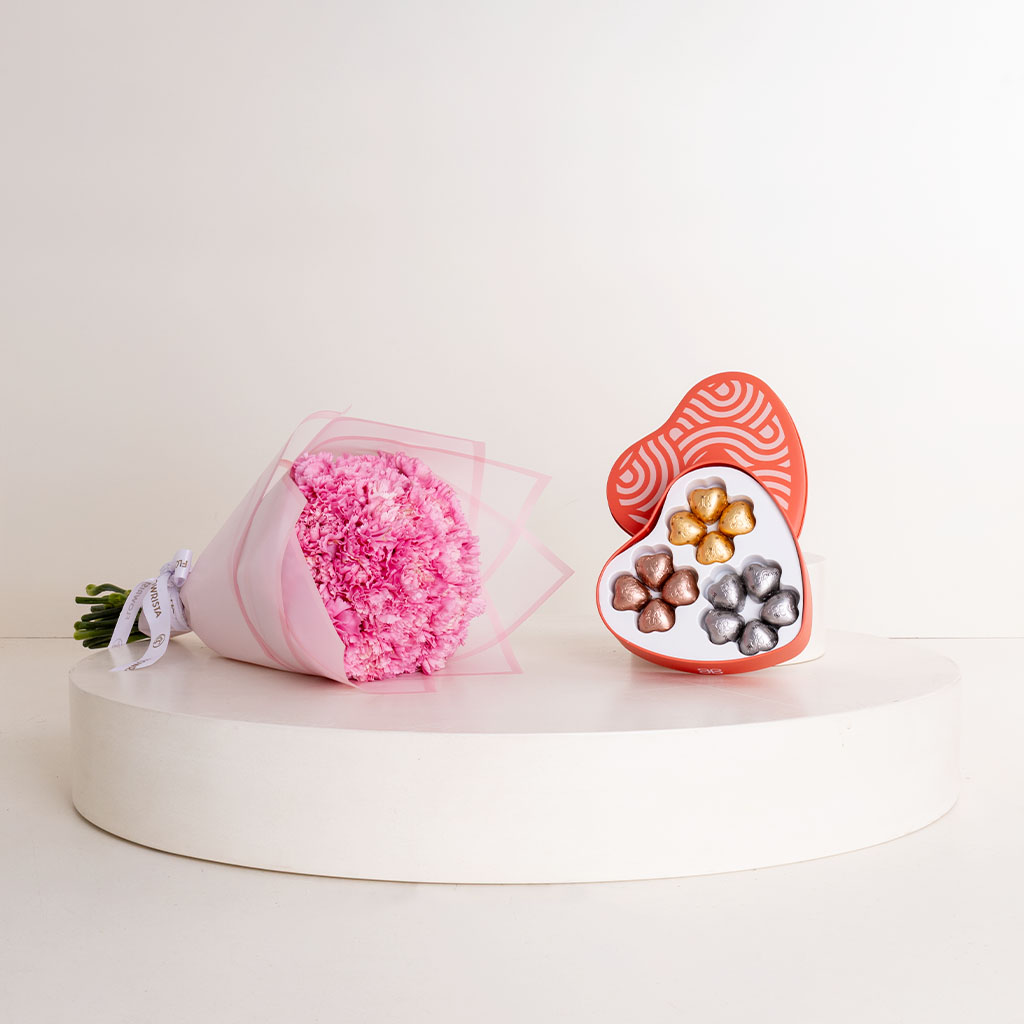 product-image-Patchi Tin Box 245g & 20 Carnation Roses Hand Bouquet