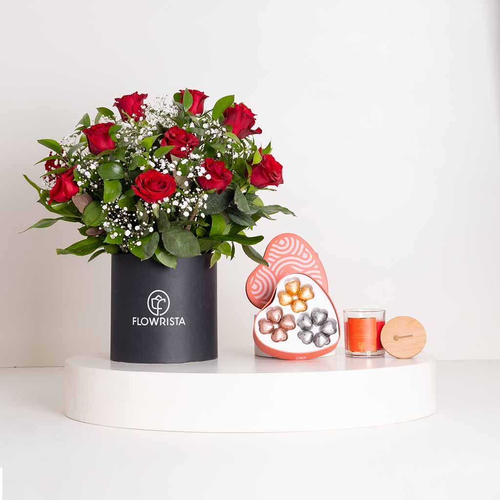 Flowrista Online Flowers Shop علبة باتشي ٢٤٥ جرام وبوكس بوتانيكا الحمراء وشمعة فلوريستا