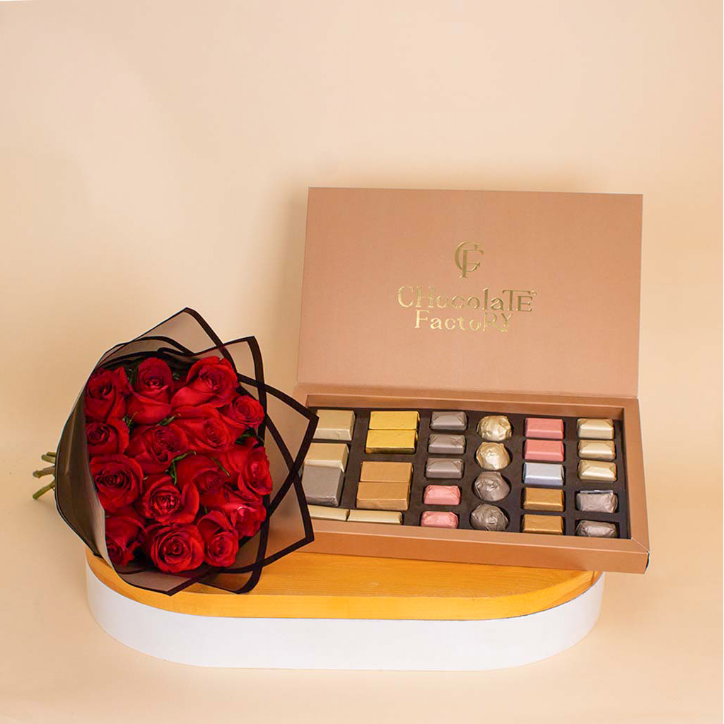 product-image-Chocolate Factory Luxe Box – 28 Pieces & Red Roses Boutque