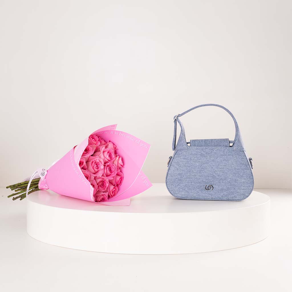 product-image-Cocan Luxurious Blue Bag & Pink Roses Bouquet
