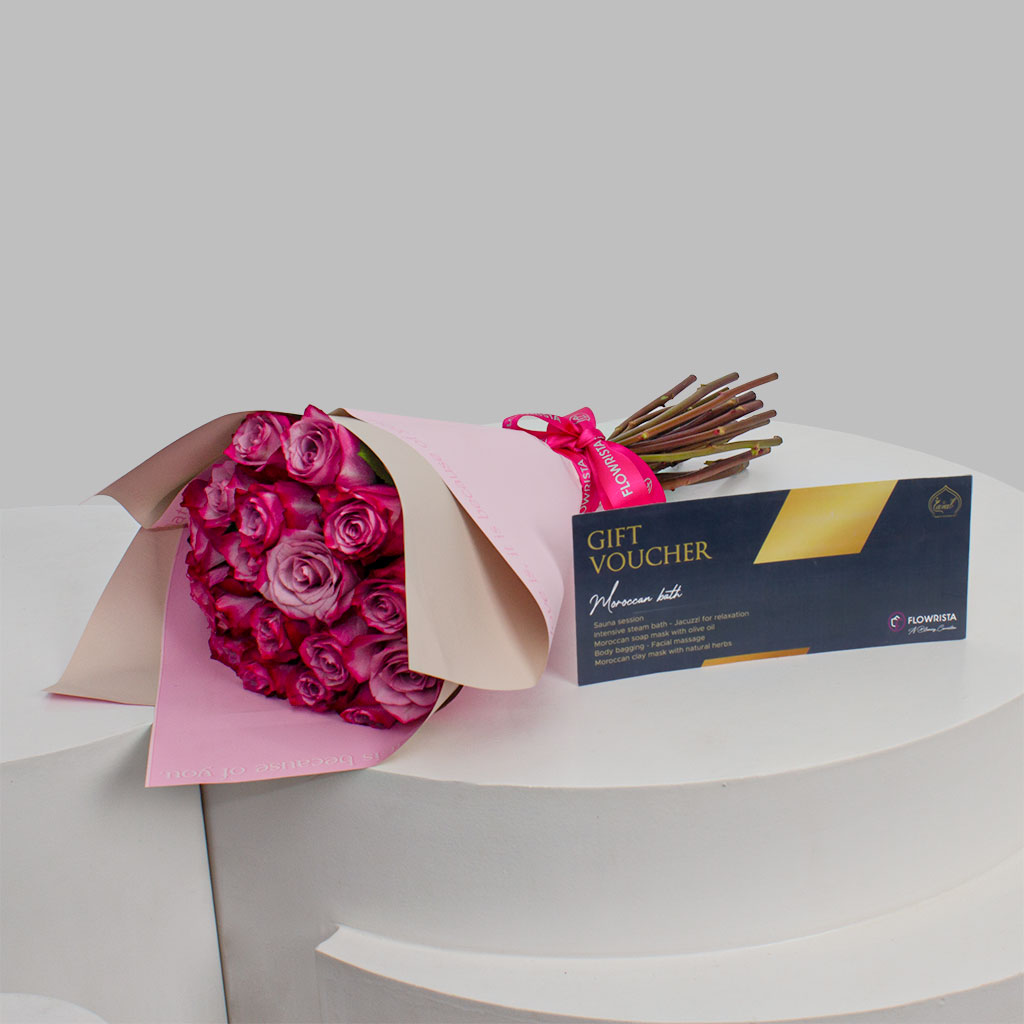 Flowrista Online Flowers Shop قسيمة حمام مغربي من غزال سبا وباقة ورود بنفسجية داكنة