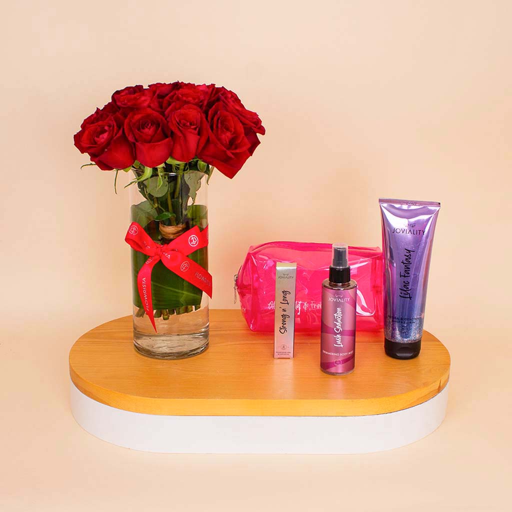 product-image-Joviality Pink Glow Set & Red Roses Vase