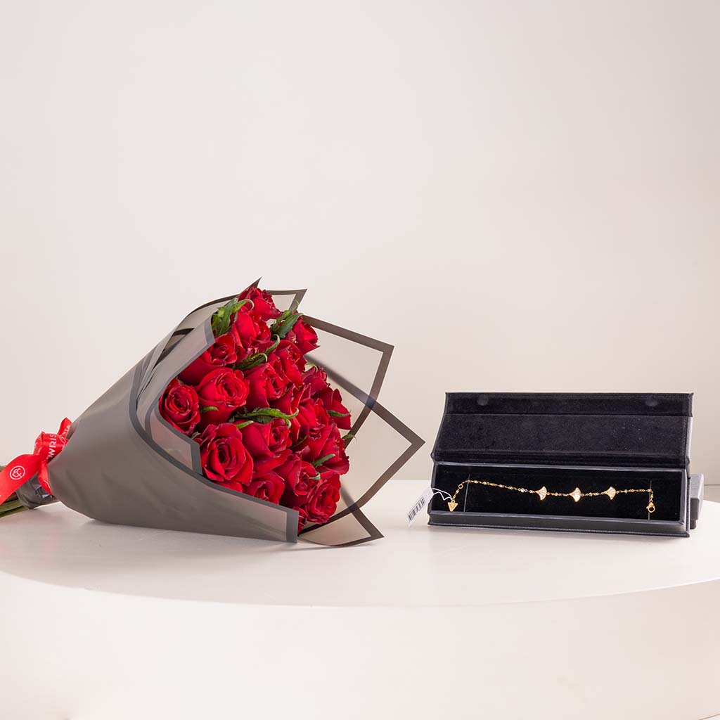 product-image-GUESS Fan Gold-Tone Charm Bracelet & Red Roses Bouquet