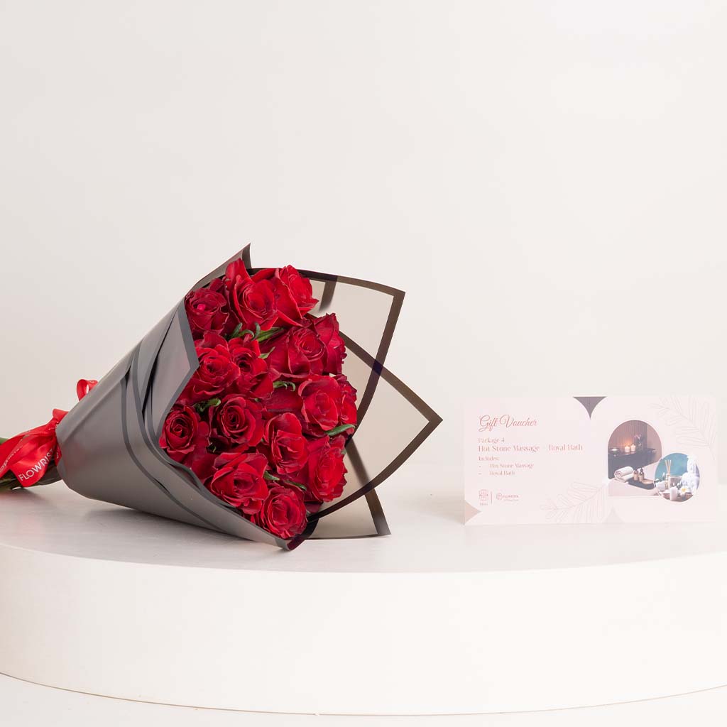 product-image-مساج الأحجار الساخنة والحمّام الملكي من بليس سبا مع بوكيه ١٥ وردة حمراء