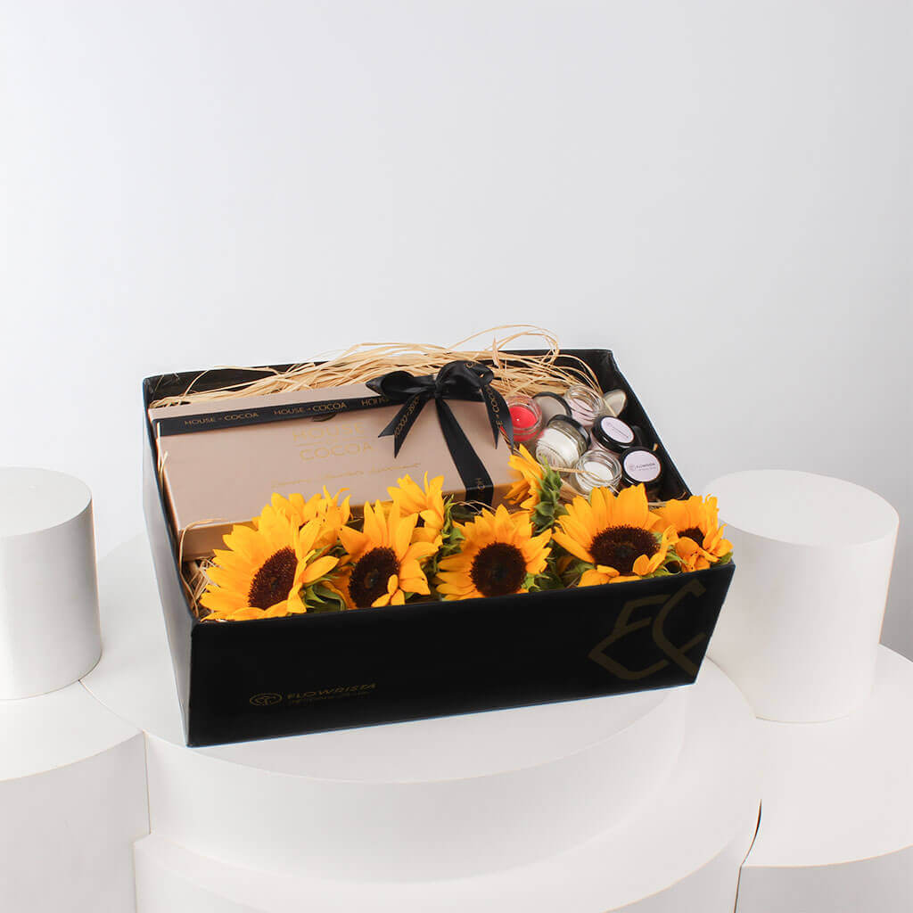 Flowrista Online Flowers Shop House of Cocoa Chocolate Box 32 pieces and sunflowers