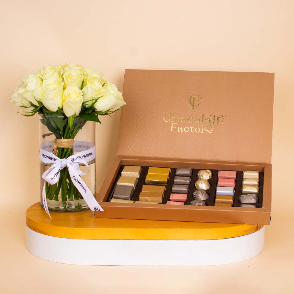 product-image-Chocolate Factory Luxe Box – 28 Pieces & White Roses Vase