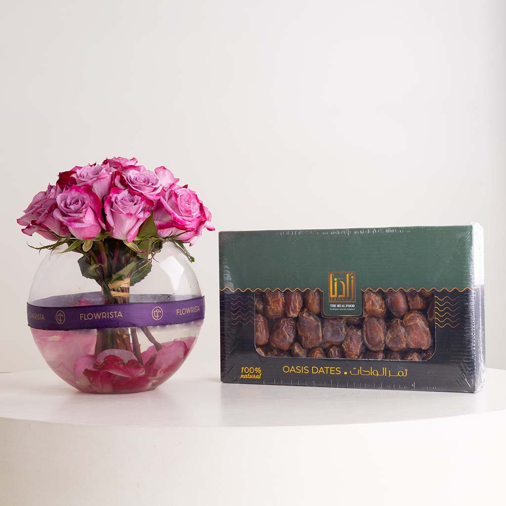 product-image-تمر زادنا الفاخر ١٫٥ كجم مع باقة من الورود البنفسجية