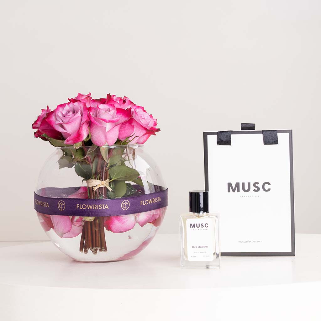 product-image-عطر مسك عود إماراتي مع مزهرية ورود بنفسجية
