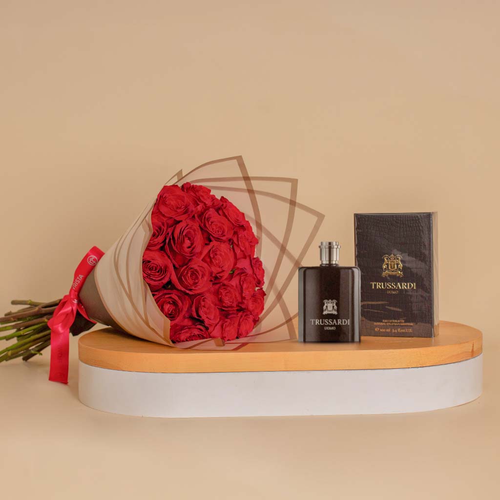Flowrista Online Flowers Shop عطر Trussardi 1911 Uomo إصدار Heritage 100 مل مع بوكيه 20 وردة حمراء
