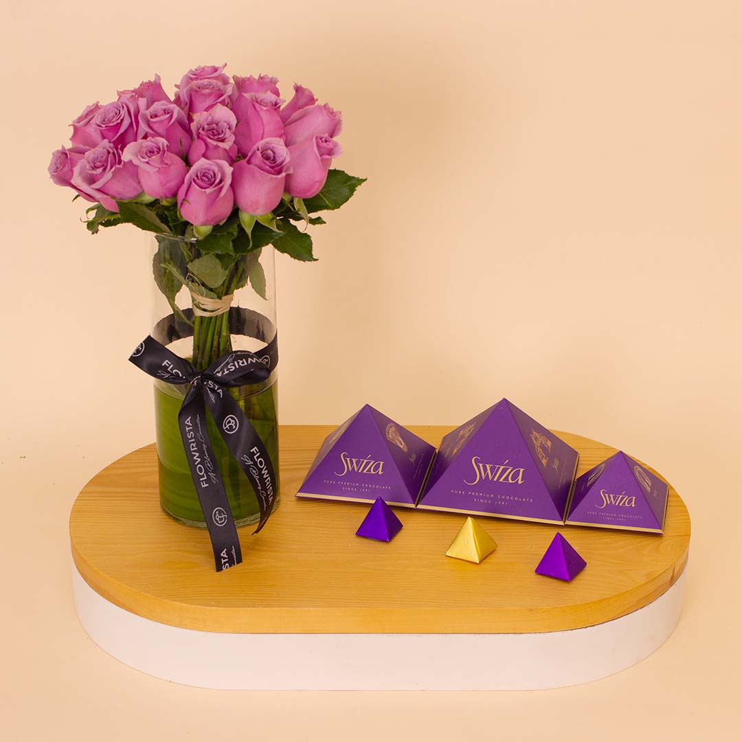 product-image-Swiza Pure Premium Chocolate & 15 Purple Roses Vase