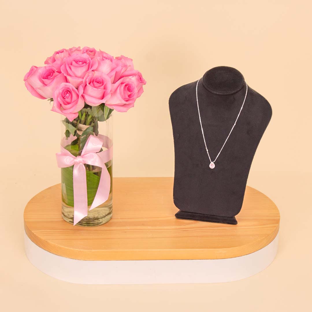 product-image-Markiz Teardrop Necklace with Pink Zircon & 15 Pink Roses Vase