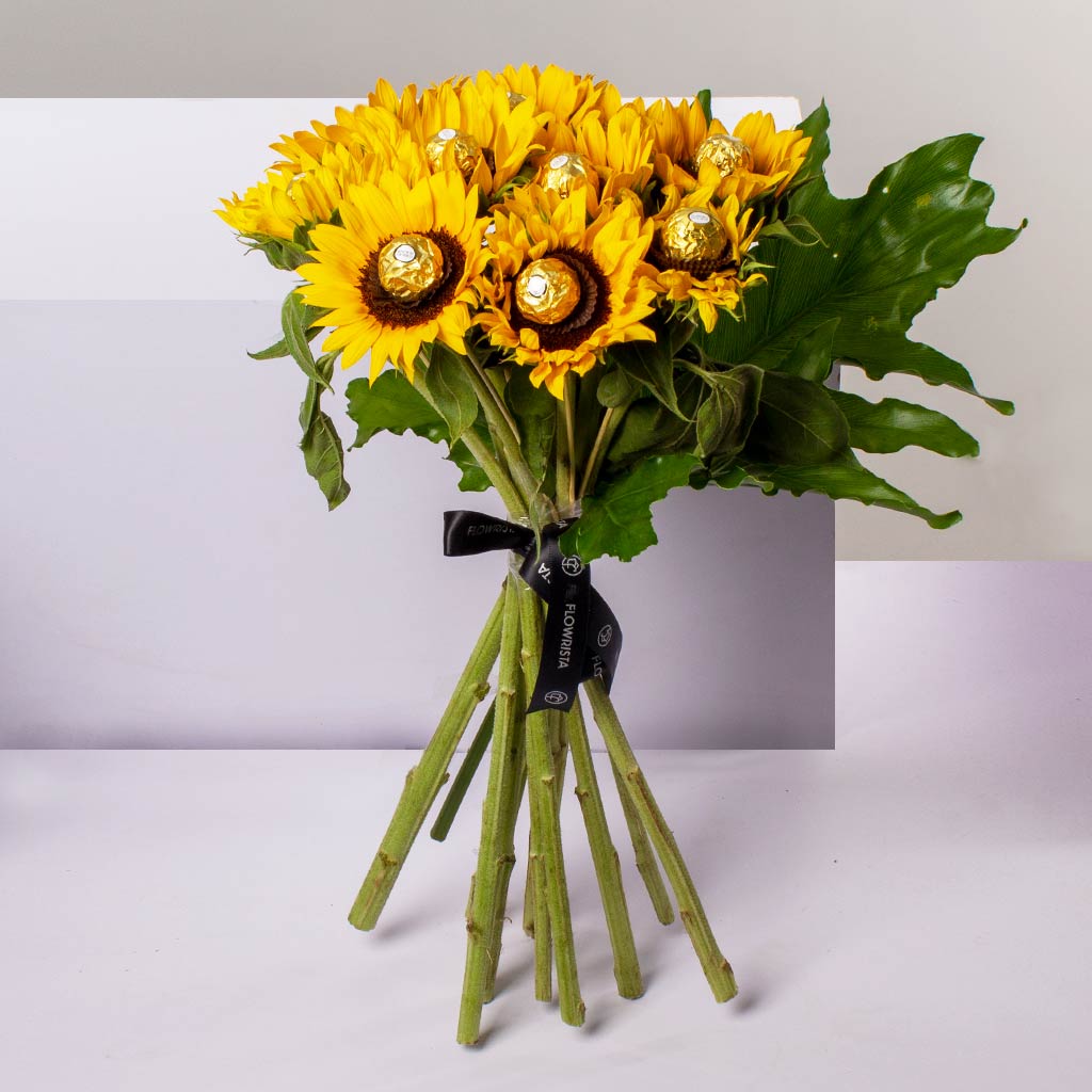 Flowrista Online Flowers Shop باقة دوار الشمس وشوكولاتة فيريرو روشيه من فلوريستا