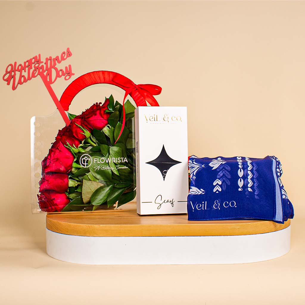 Flowrista Online Flowers Shop Veil & Co Grace Wrap Chiffon Hijab | Valentine's Red Rose Bag and Stick