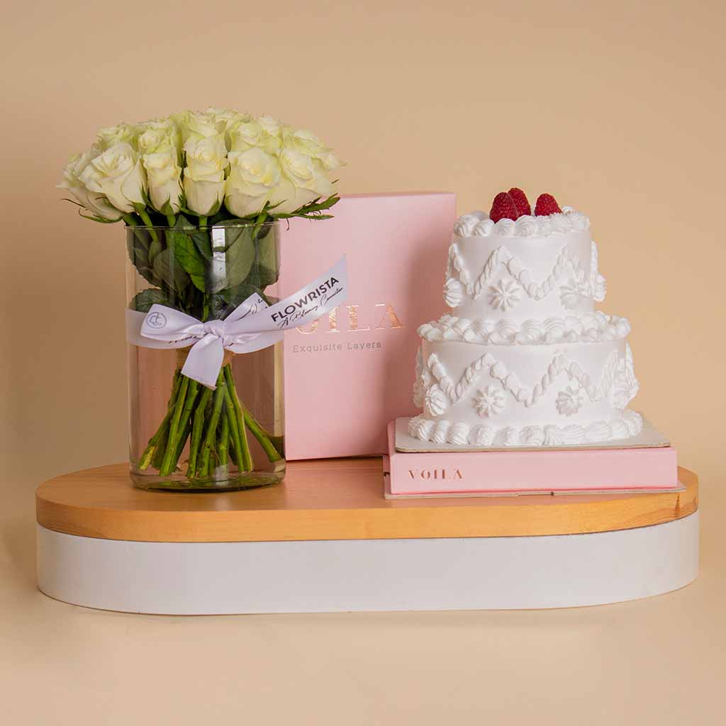 product-image-Voila Red Velvet Cake with Vase of 25 White Roses