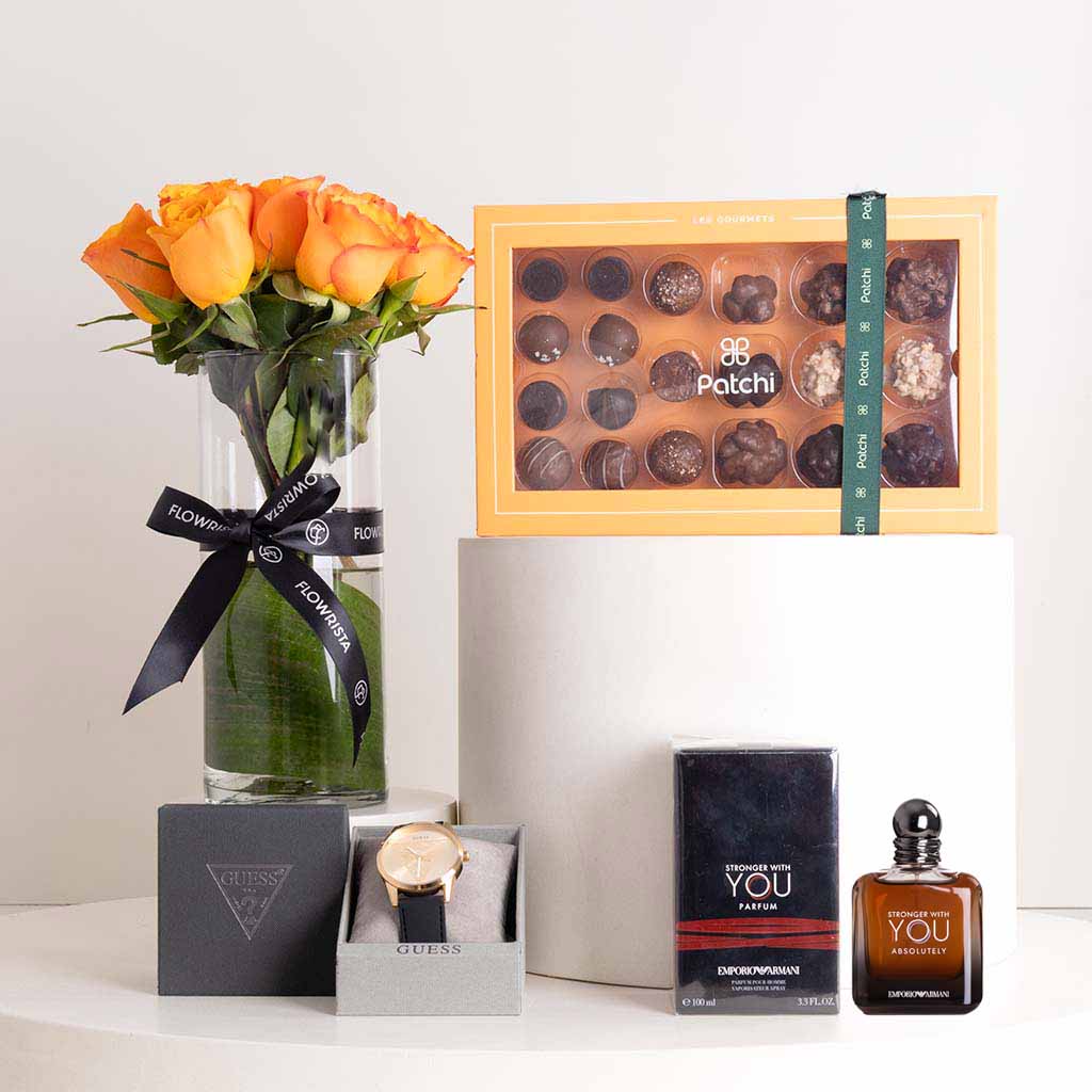 Flowrista Online Flowers Shop ساعة جيس الرجالية & عطر سترونج وذ يو& باتشي ليه جورميه & مزهرية وورود برتقالية