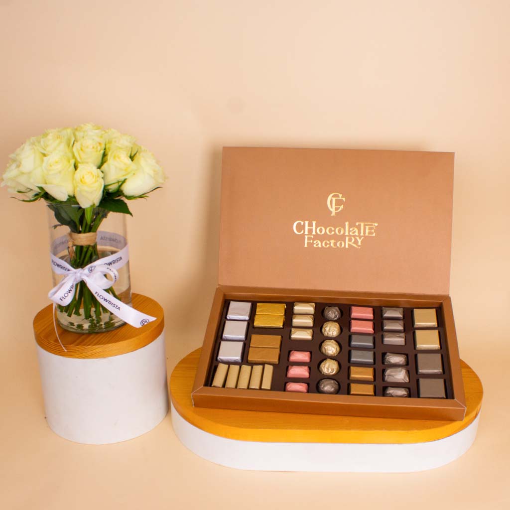 product-image-Chocolate Factory Luxe Box – 40 Pieces & White Roses Vase