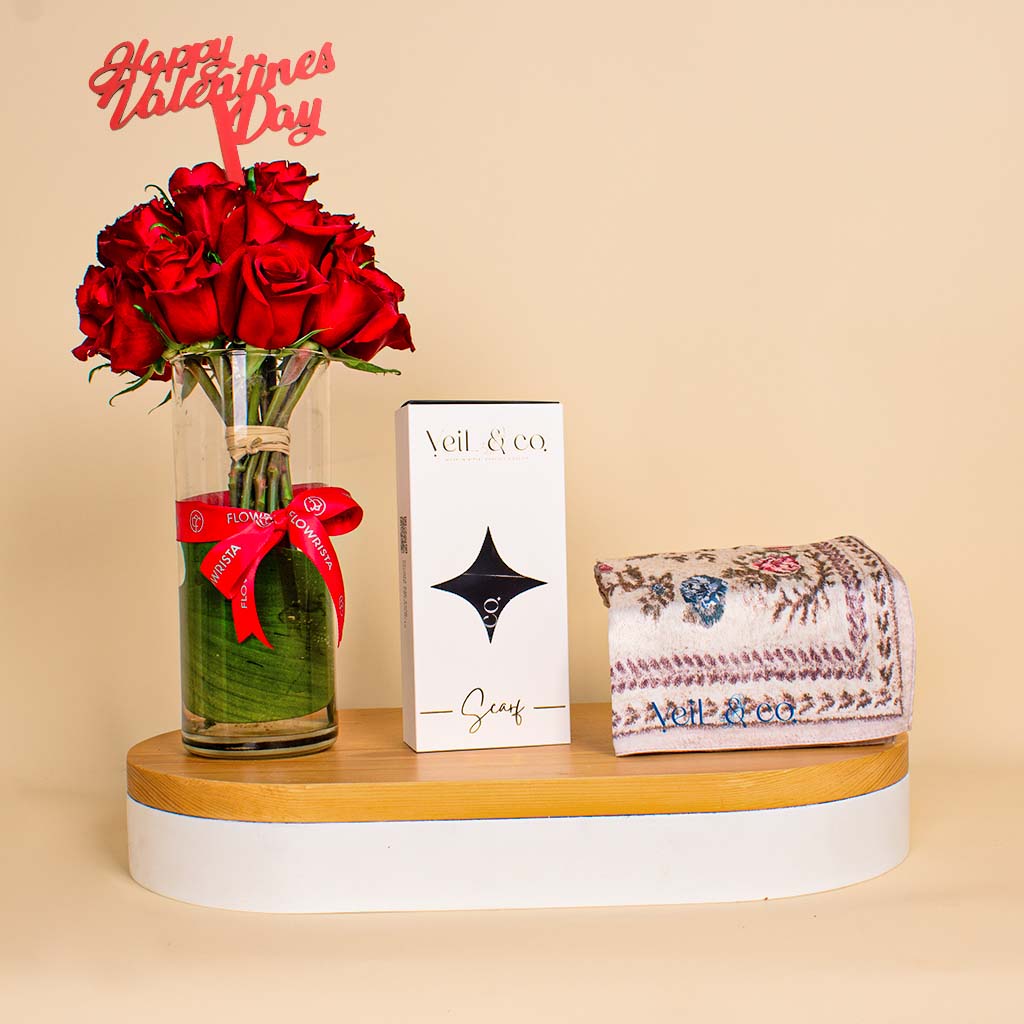 Flowrista Online Flowers Shop Veil & Co Imperial silk hijab | Valentine's 20 Red roses Vase