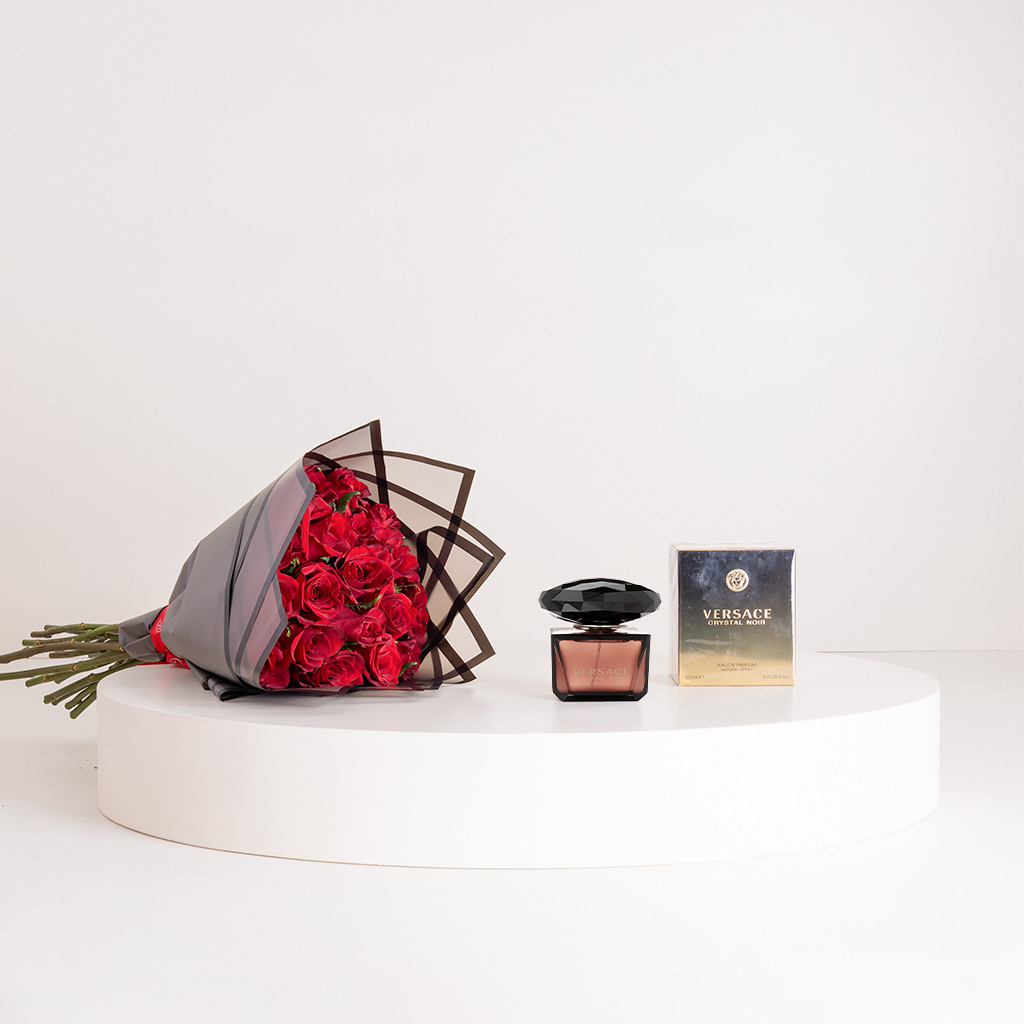 product-image-Versace Crystal Noir Eau de Parfum for Women 90ml & Red Roses Bouquet