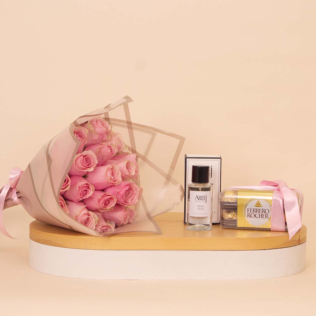 product-image-Areej Gift of Fragrance, Ferrero Rocher Chocolates & Pink Roses