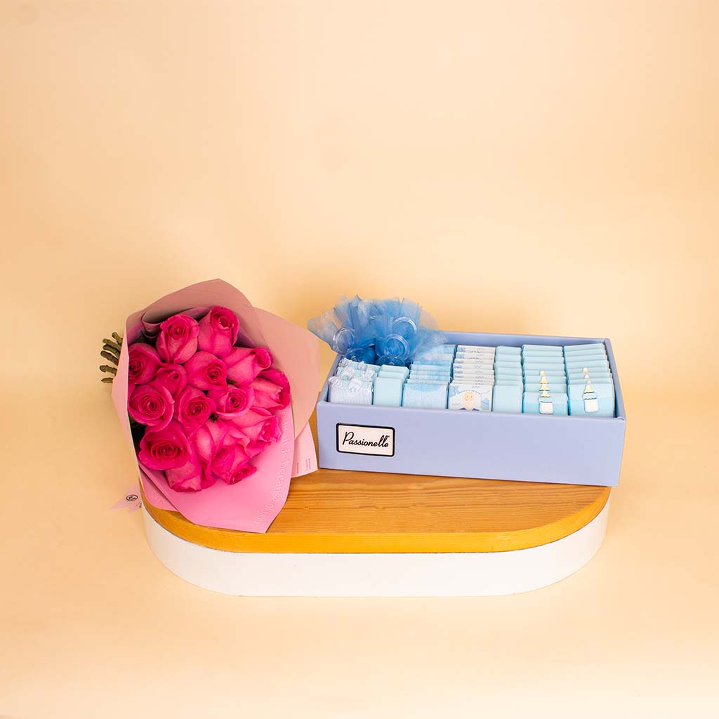 product-image-Passionelle Chocolate Baby Boy 1kg & Pink Roses Bouquet
