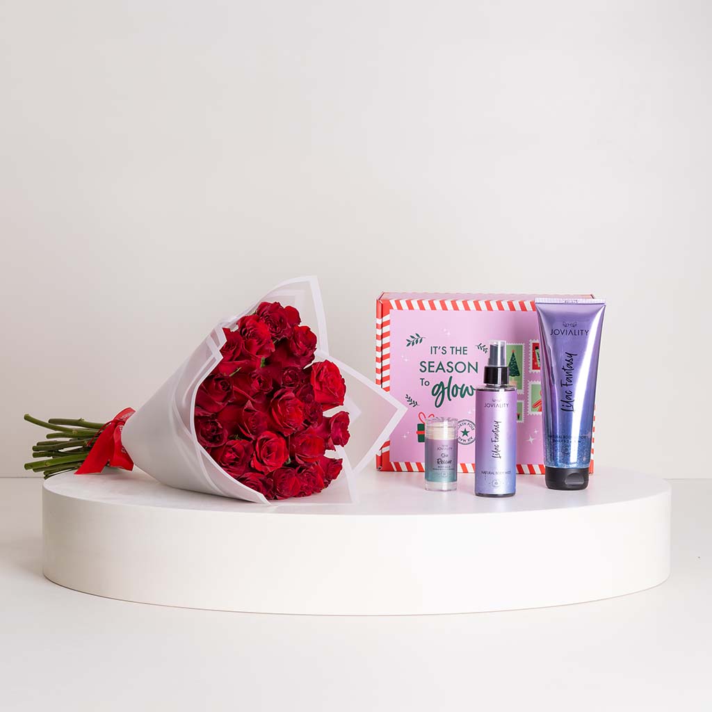 product-image-مجموعة جوفياليتي ليلاك جلو وباقة ورود حمراء