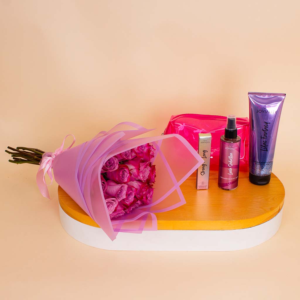 product-image-Joviality Pink Glow Set & Pink Roses Bouquet