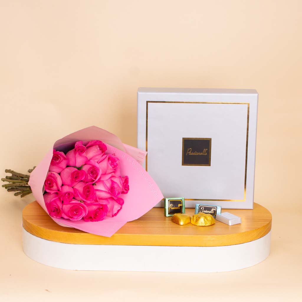 product-image-Passionelle Silver Chocolate Box & Pink Roses Bouquet
