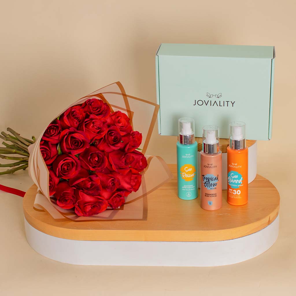 product-image-Joviality Sun Care Gift Box with Hand Bouquet of 20 Red Roses