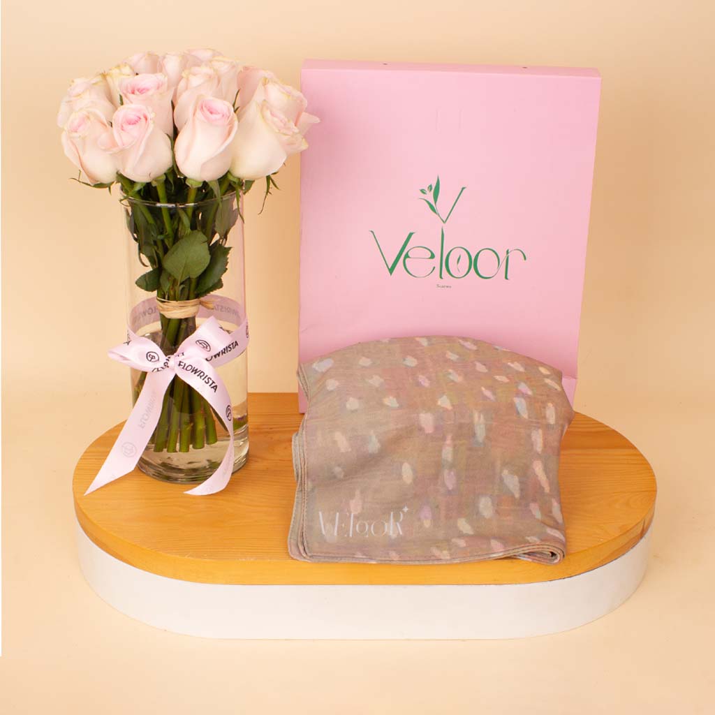 product-image-Veloor Ghazal Scarf & Pink Roses Vase
